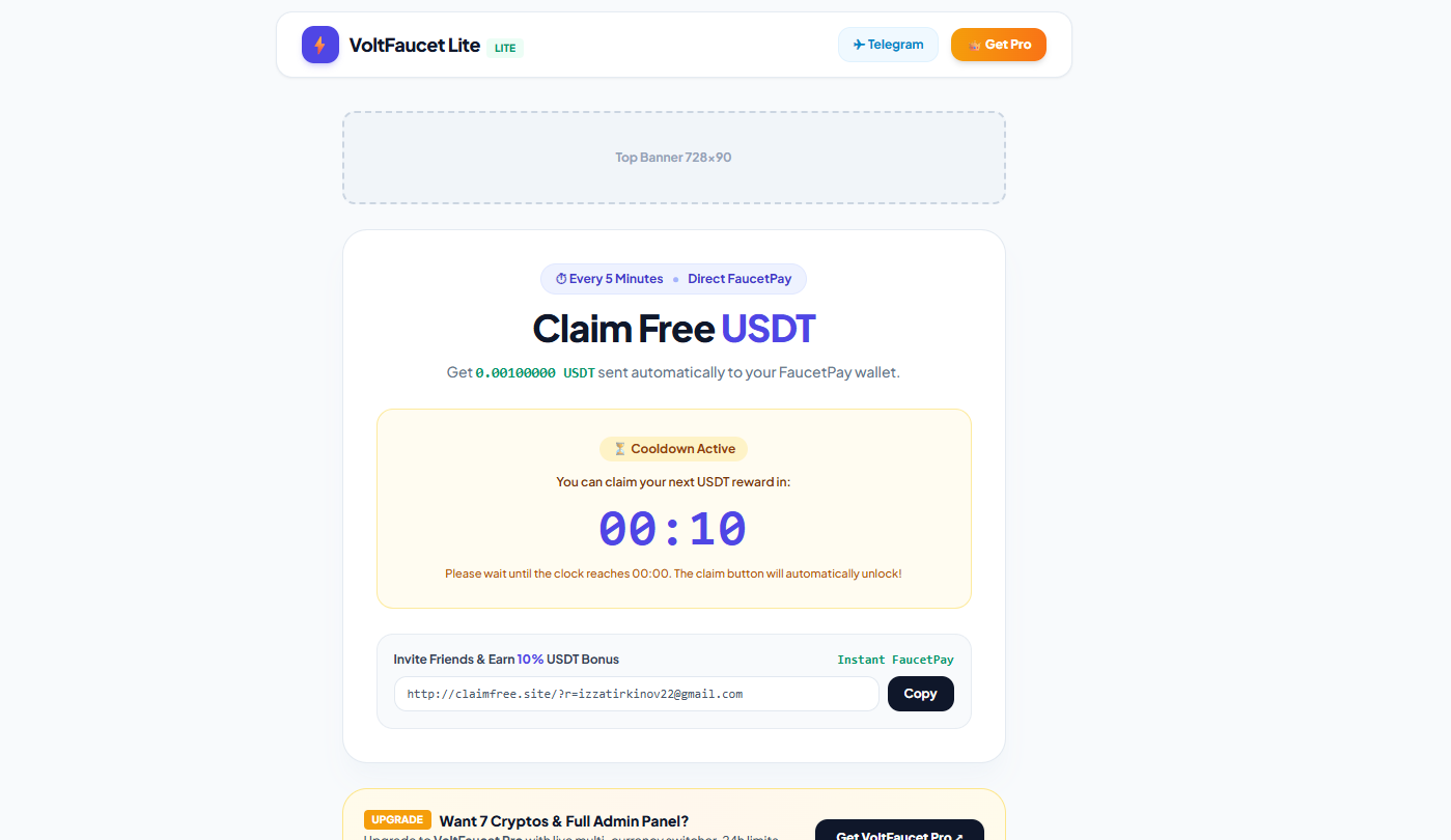 VoltFaucet Lite — Free Crypto Faucet PHP Script