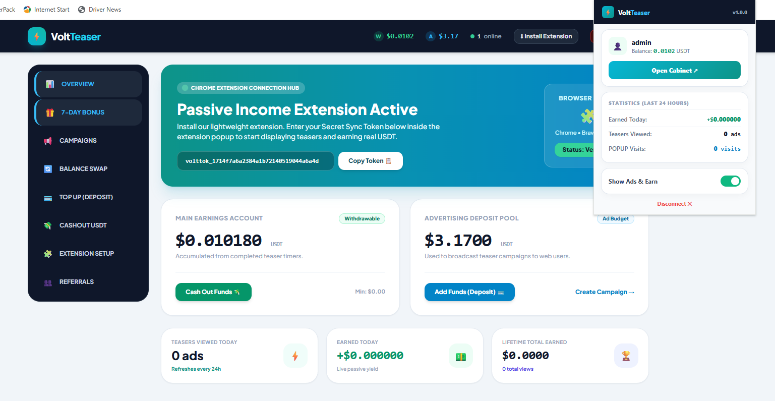 VoltTeaser v2.0 — Chrome Extension Ad Network PHP Script